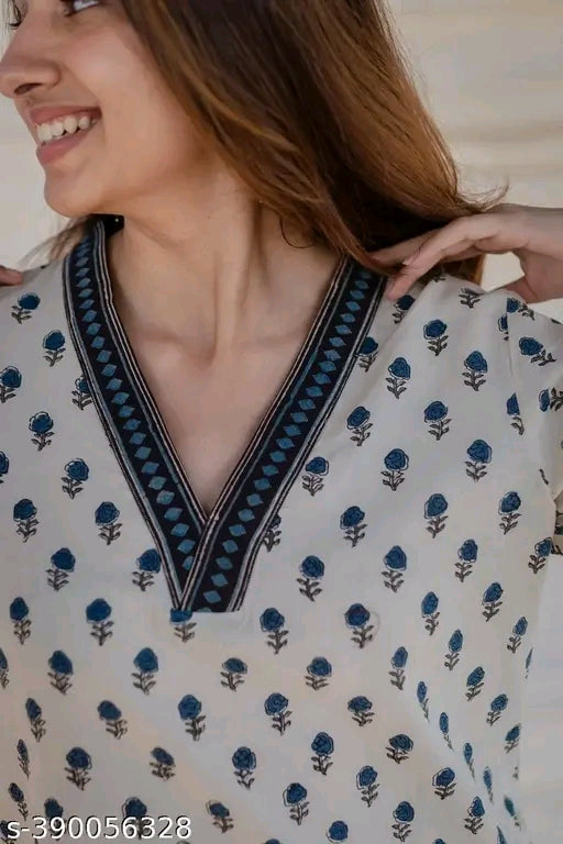 Women Trending Rayon Printed Kurta | V - Neck Straight Kurta For Women | White Kurta For Jeans |Women Kurti For Jeans | Kurta For Women