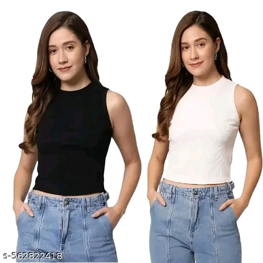 VEERAL Premium Quality Solid Ribbed Cotton Slim-Fit Stretchable HIGH Neck Crop Tank Top for Girls/Ladies/Women (Pack Of 2)