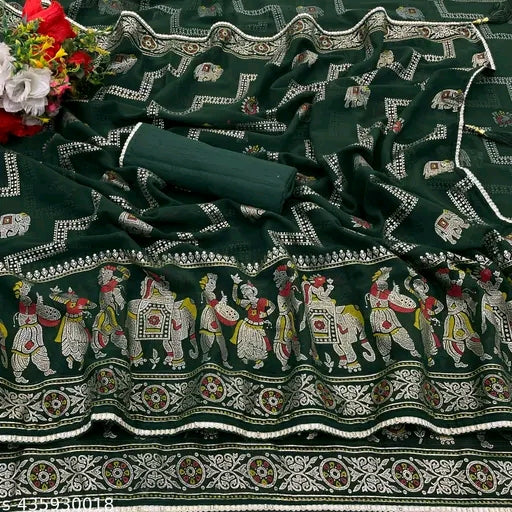 Geometric Elephant Print Georgette Golden Foil Printed Saree With Banglore Silk un-stitched Blouse