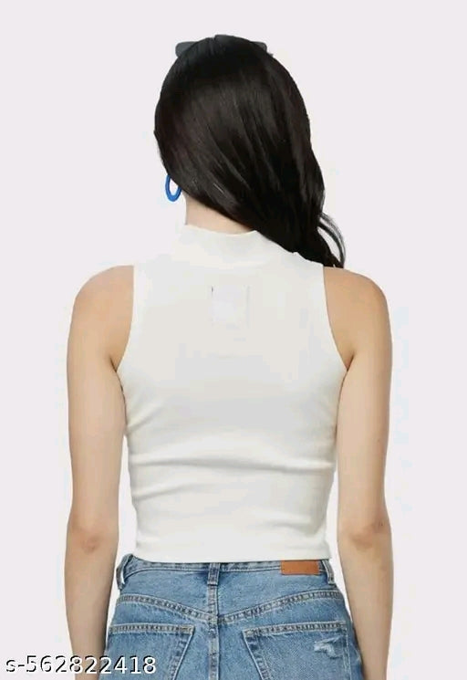 VEERAL Premium Quality Solid Ribbed Cotton Slim-Fit Stretchable HIGH Neck Crop Tank Top for Girls/Ladies/Women (Pack Of 2)