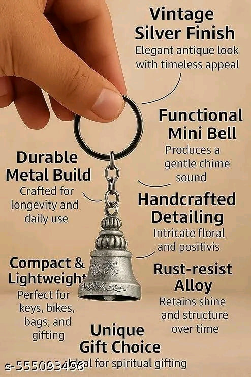 Motorcycle Biker Bell W/Motorcycle Bell Hanger, Motorcycle Accessories or Key Chain for Luck, Silver