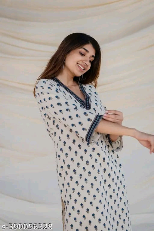 Women Trending Rayon Printed Kurta | V - Neck Straight Kurta For Women | White Kurta For Jeans |Women Kurti For Jeans | Kurta For Women