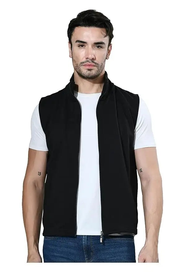 Men Solid Fleece Warm Zipper Sleeveless Jackrt for Winters